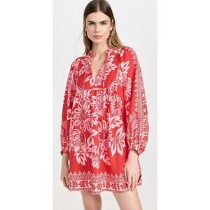 FARM Rio $250 Flora Tapestry Red Cottagecore Long Sleeve Mini Dress Large